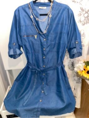 Denim Blue Button-Front Shirt Dress with Tie Waist